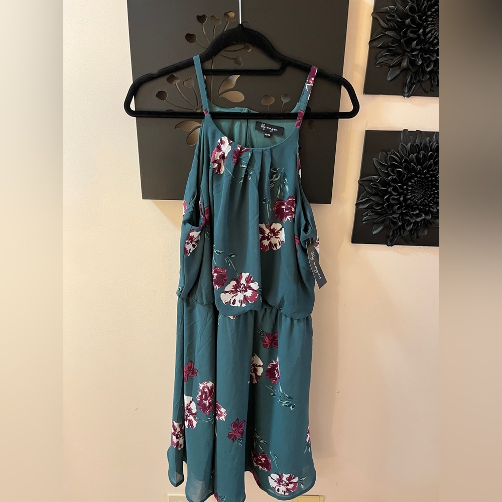 Lily Morgan cami dress-teal with floral pattern